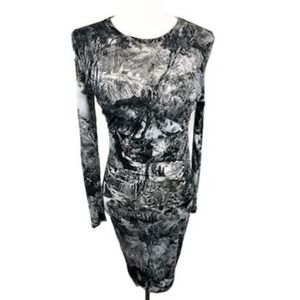 Carven Dress Black White Landscape Long Sleeve Bodycon Women's Size Medium‎